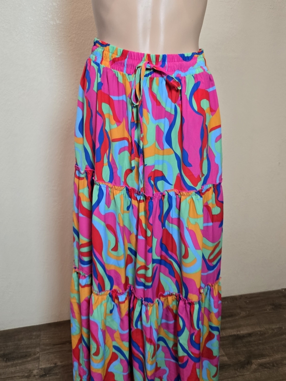 Elastic Waist A Line Midi Skirt Size S/M Drawstring Abstract Colorful Eclectic - Picture 14 of 15